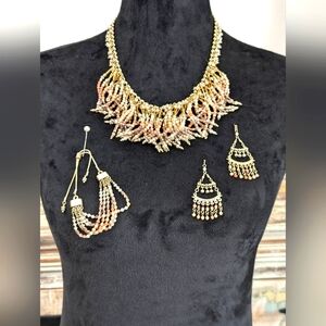 White House Black Market Necklace Earrings Bracelet Set Stone, Glass, Gold Tone